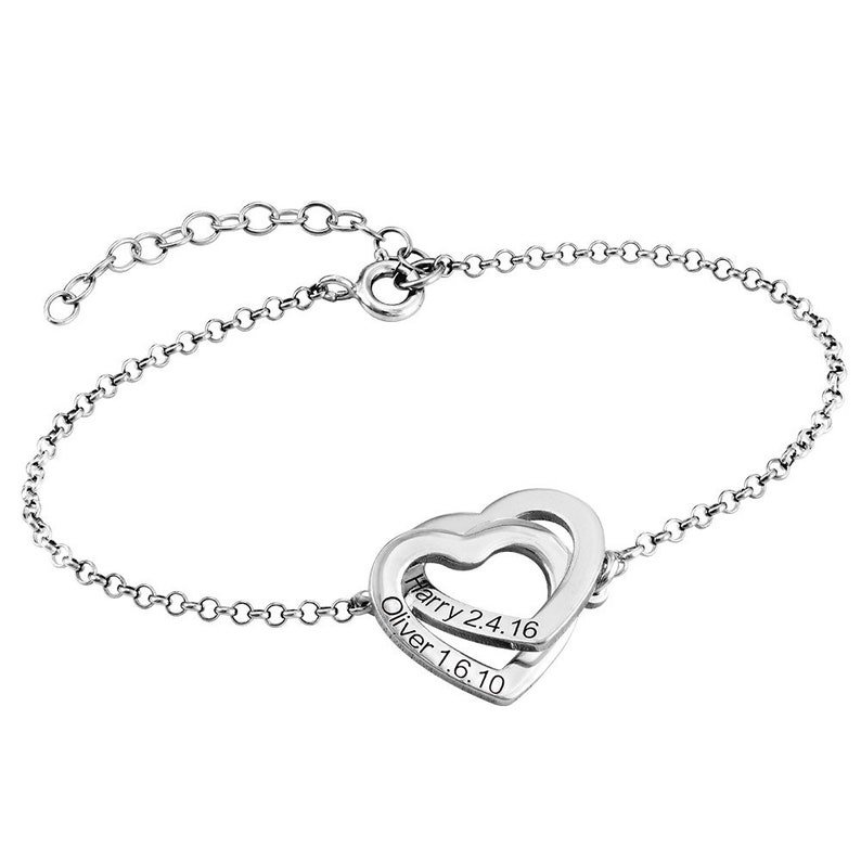 D01812FF-F447-EC4E-5835-816E222BAEA2.jpg Custom Engraved Interlocking Adjustable Two Hearts Women's Bracelet - Image 1