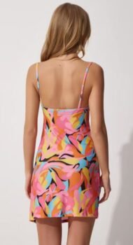 Women's Pink Orange Floral Ruffle Collar Mini Sandy Knitted Dress - Image 3