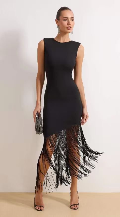 1603ee3c2d7eb92f0d878aeb39944173.jpg Black Knitted Party Dress with Tassel Detail and Bodycone/Body-hugging Lining - Image 1