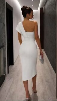 White elastic fabric dress for formal occasions with belt - Image 3