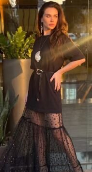 Women's oversized Lunéra t-shirt dress with black lace detail and belt accessory - Image 3