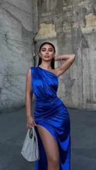 Draped Satin Evening Dress with One Sleeve - Image 2