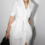 cotton poplin collar shirt with tie detail and short sleeve midi dress