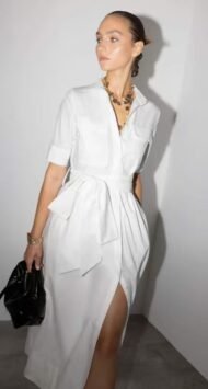cotton poplin collar shirt with tie detail and short sleeve midi dress