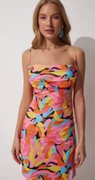 Women's Pink Orange Floral Ruffle Collar Mini Sandy Knitted Dress - Image 2