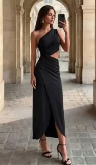 Women's one-shoulder dress, elegant with slit and detail - Image 2