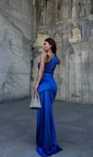 Draped Satin Evening Dress with One Sleeve - Image 3