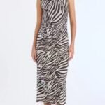 Bodycon Dress with Half Turtleneck, Zebra Print, Sleeveless Tulle Midi Dress