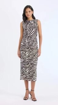 Bodycon Dress with Half Turtleneck, Zebra Print, Sleeveless Tulle Midi Dress
