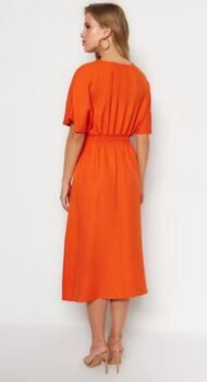 Midi woven dress with orange lace detail in V-line with neckline - Image 3