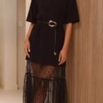 Women's oversized Lunéra t-shirt dress with black lace detail and belt accessory