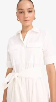 cotton poplin collar shirt with tie detail and short sleeve midi dress - Image 3