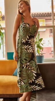 Women's dress with large palm pattern with green zipper