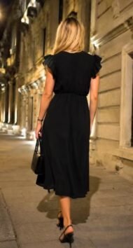 Women's black dress with double collar, ruffles on the shoulders, elastic waist detail and midi length ARM - Image 2