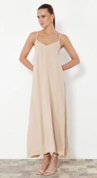 Maxi dress with stone coating and V-neck