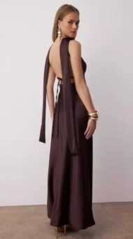 Brown graduation and evening style maxi dress with satin weave and shawl detail - Image 3