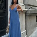 Women's long dress with adjustable strap made of blue linen fabric
