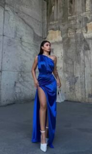 Draped Satin Evening Dress with One Sleeve