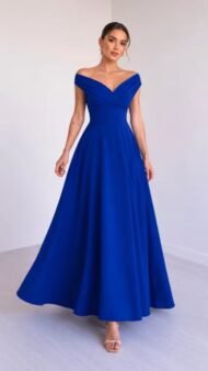 Women's long crepe dress with double collar and waist fastening, for special occasions